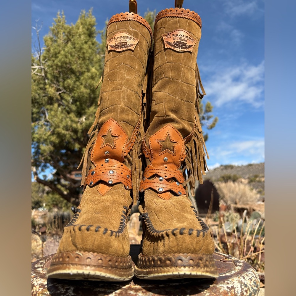 El Vaquero Silverstone Suede Fringed Tall Wedge Belted Moccasin Boots - Picture 10 of 16
